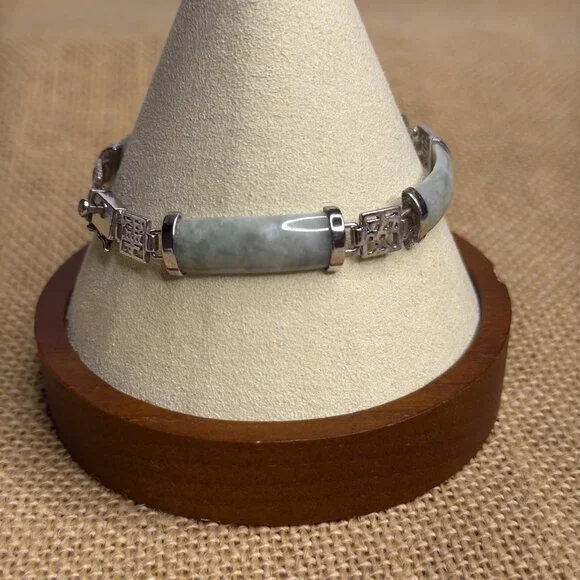 Jade Of Yesteryear Station Bracelet Green Jade Panels Sterling Silver 7.25" Cast - Picture 9 of 14